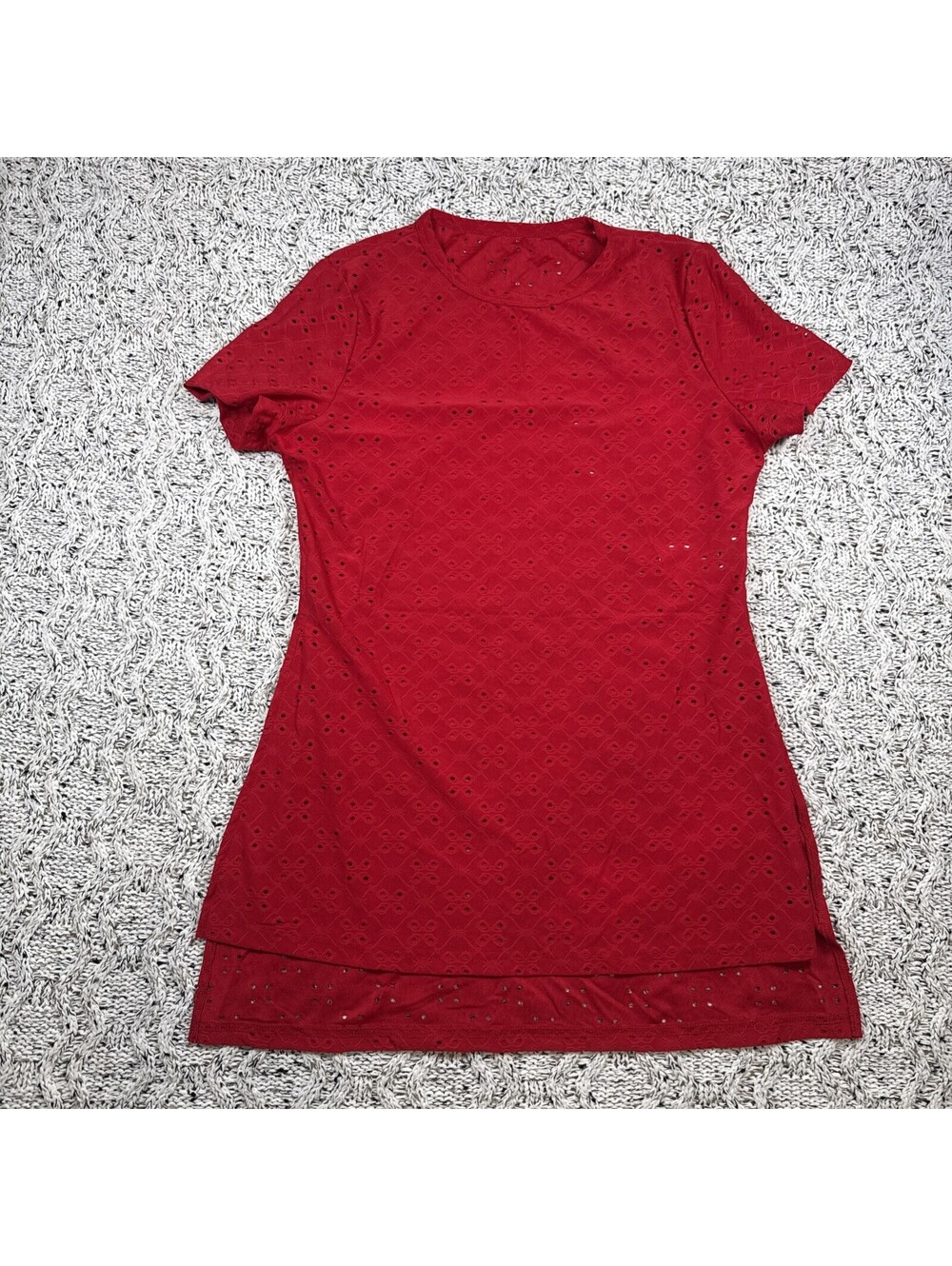 SHEIN Women's Red Lace Crochet Top Size XL Short Sleeve Sheer Breathable Blouse